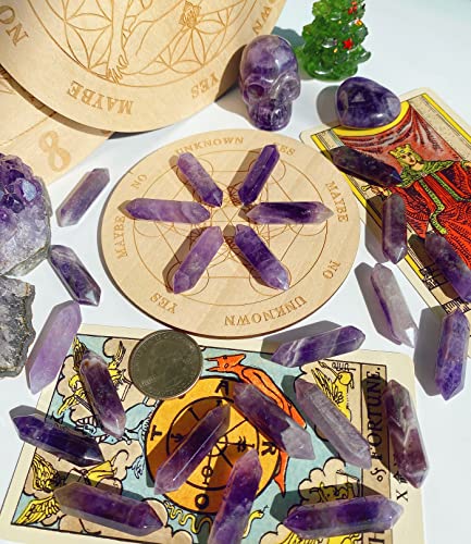 QINJIEJIE 20PCS Amethyst Crystals Wands Stones Set Healing Crystal Points Bulk Gemstones Hexagonal Polished Gems Natural Reiki Stone for Energy Balancing Meditation Witchcraft Gifts A- Amethyst