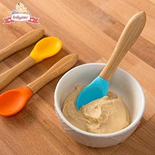 Bamboo Baby Spoons 4 PACK - Toddler Weaning Spoon - Bamboo Handle Silicone Soft Tip Spoon 5.5” Toddlers Weaning Baby Food Utensil - Mom Baby Travel Spoonset 4 Pack [MULTICOLOR]