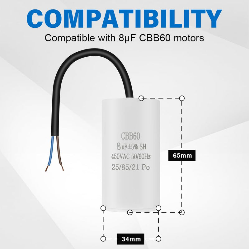 OFFCUP Motor Capacitor CBB60 Starting Capacitor 8μF 450V Capacitor 8μF | 450V CBB60 Capacitors with Wire Cable for Electric Motors and Swimming Pool Pumps Electric Motor, 50/60Hz 8μF (Schraubanschluss)