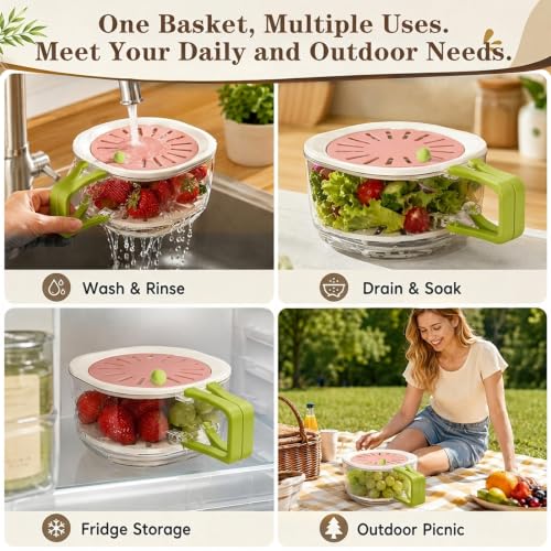 Fruit Washing Bowl, 2-in-1 Fruit Vegetable Storage Container with Strainer, Berry Fruit Washing Bowl with Lid, Multifunctional Kitchen Strainer, Strainer Bowl, Drip and Preservation Basket (Pink) Pink