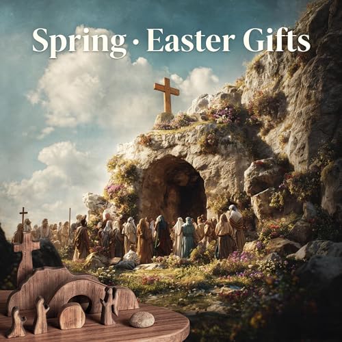 NEROSUN Empty Tomb Easter Scene and Cross Decoration, Wooden Jesus Resurrection Nativity Set, Religious Christian Tabletop Decor for Home Office Christian Wooden Empty Tomb