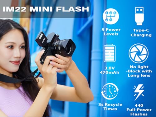 Camera Flash Godox iM22 Godox Flash - GN10/470 mAh/Type-c Charge/440 Full-Power Flashes/3s Recycle Times/5 Power Levels/Manual, Camera Flash for Sony zv1/Sony zve10/Ricoh gr3/Fujifilm f1 etc. Black