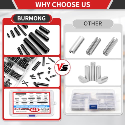 BURMONG 440-piece roll pin assortment kit with slotted spring pins in 13 sizes for automotive and machinery repair