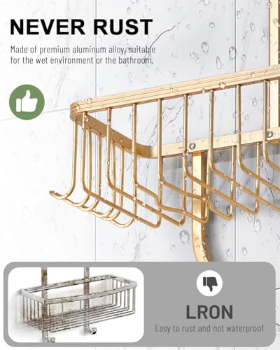 Shower Caddy Hanging - Never Rust Shower Hanging Organizer - Aluminum Over the ShowerHead Caddy with Soap Basket and 6 Razor/Sponge Hooks (Gold) Gold