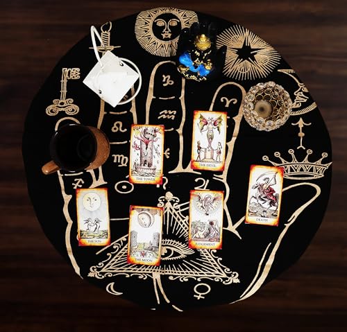 Indian Consigners Palmistry & Zodiac Altar Cloth, Sun Sign Astrology Tarot Reading Mat with Celestial Palm Hand Design, Tablecloth for Tarot Cards, Spiritual Rituals, Meditation & Home Decor