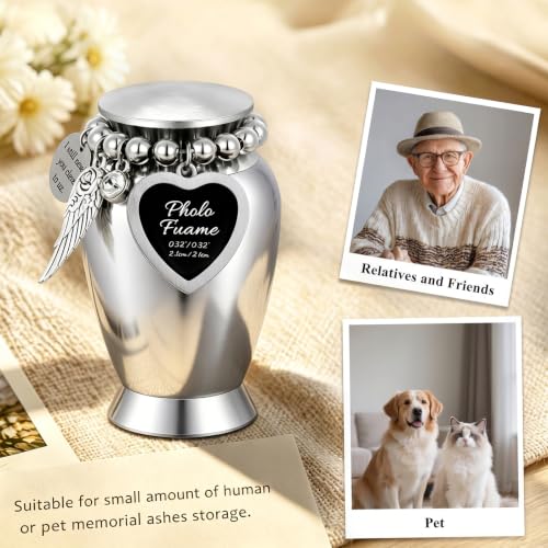 Small Urns for Human Ashes, Metal Cremation Urns for Both Humans and Pets with Velvet Bag and Spoon, Heart-Shaped Photo Frame, Suitable for Funeral, Burial, and Memorial Ceremonies