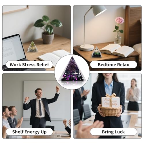 Handmade Orgone Pyramid with Natural Crystals & Mini Tree - Orgonite Healing Crystal Desk Decor for Meditation, Stress Relief-Office & Home Decor-Noir Iris