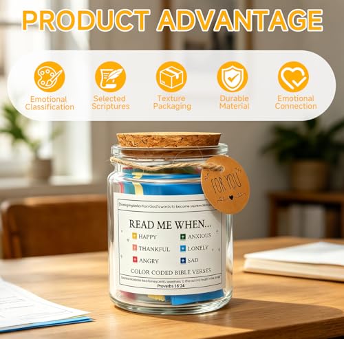 Bible Verses Jar Glass – Read Me When Inspirational Scripture Cards (90 Verses) in English, Colour-Coded Emotional Categories, Christian Gift for Women & Men, Easter Religious Encouragement Gift