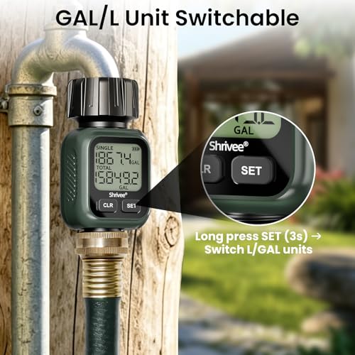 Water Flow Meter, ±5% Accuracy, Built-in Brass Inlet, 4 Measurement Modes, US Gallon/Liter Consumption & Flow Rate for Garden Hose, Lawn Sprinkler, Caravan Water Tank Filling, Spray Nozzle