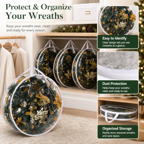 4 PCS Clear Wreath Storage Bag, 24x8 Inch Christmas Wreath Storage Container, Heavy Duty PVC Wreath Protector with Handle for Xmas Holiday Seasonal Wreath Garland (White)
