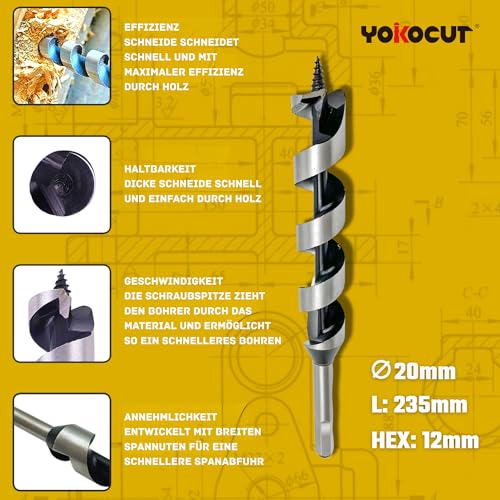 Auger Drill Bit 20 mm x 235 mm Wood Snake Drill Bit Long Wood Drill Bit Shape Lewis Wood Spiral Drill Bit with Hex Shank ∅ 20 mm