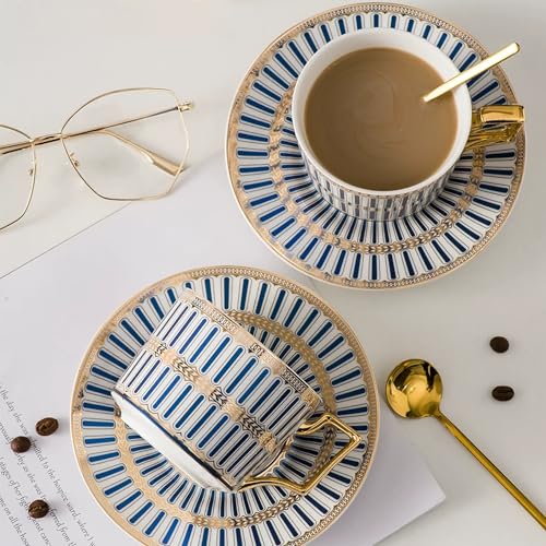 8.45oz European Ceramic Coffee Cup & Saucer Set of 2 with Handle & Gold Spoons, Stripe with Gold Accents, for Latte, Tea, Cappuccino, Gift Boxed for Tea Party, Housewarming Gift (two blue) two blue