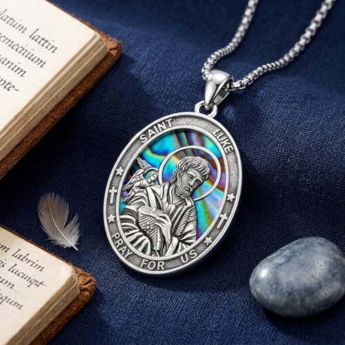 DAYLINLOVE Saint Luke Necklace 925 Sterling Silver St Luke Abalone Shell Pendant Necklace Christian Religious Catholic Jewellery Gift for Women Men