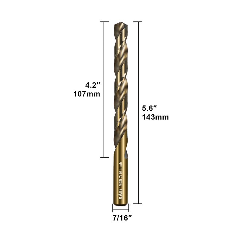 SALI Cobalt Drill Bit Set, 5Pcs 7/16" M35 High Speed Steel Jobber Length Drill Bit Kit for Hardened Metal, Stainless Steel, Cast Iron, Wood and Plastic, with Index Storage Case 7/16 Inch 5
