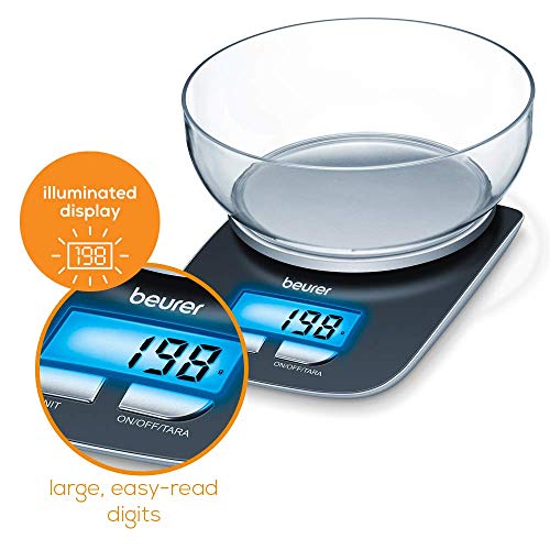 Beurer KS25 Digital Kitchen Scale | With 1.2l weighing bowl | Tare weighing function | Adjustable between kg, g, lb, oz | 3kg weight capacity, black A