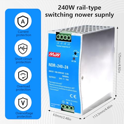 DIN Rail Power Supply, 24V 240W DIN Rail Switching Power Supply Input 100-240VAC 2.8A, Output DC 24V 10A, Multiple Protection Functions, Widely Used, Industrial Model NDR-240-24
