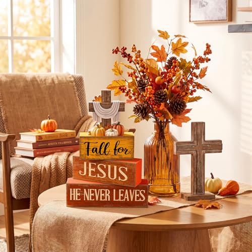 Lineshading 4 Pcs Fall Decoration For Home Fall Religious Wooden Signs Fall for Jesus, He Never Leaves