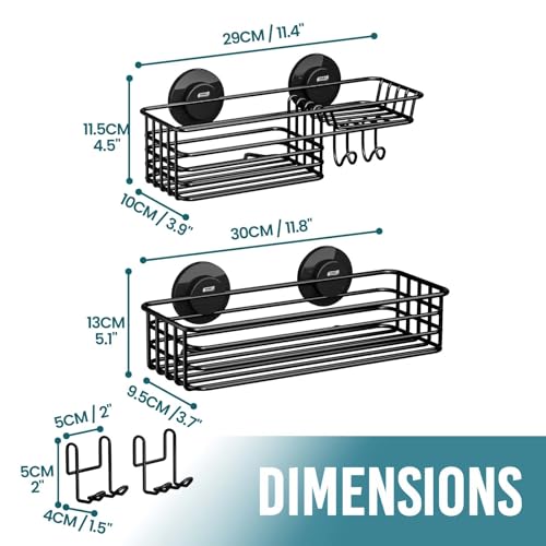 TAILI Shower Caddy Suction Cup 2 Pack with Hooks & Soap holder, Black 2 X Black