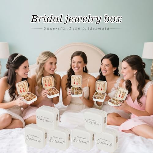 6 Pack Bridesmaid Jewelry Box with Ribbon, Maid Matron of Honor Small Travel Jewelry Case for Women, Bridesmaid Proposal Gifts, Wedding White
