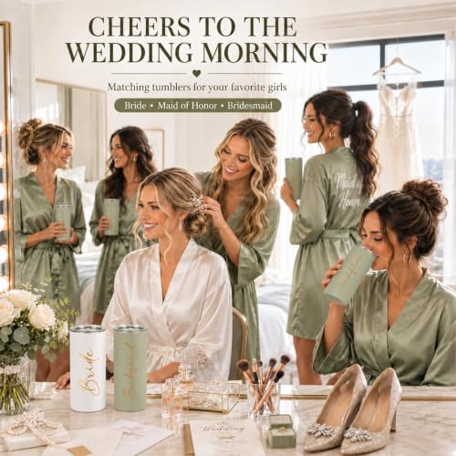 Bridesmaids Gifts Set of 5, Sage Green Skinny Tumbler 15 oz Sage_Bride+Maid+BridesmaidX3