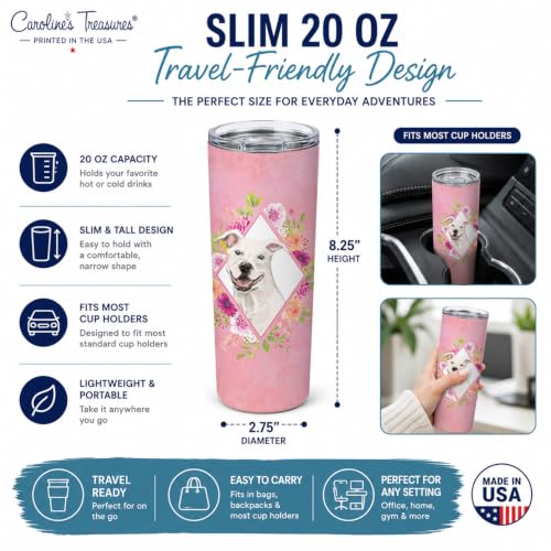 Caroline's Treasures CK4268TBL20 White Pit Bull Terrier Pink Flowers Stainless Steel 20 oz Skinny Tumbler Vacuum Double Walled Reusable Insulated Tumbler Travel Cup for Coffee Cocktails Gift with Lid,