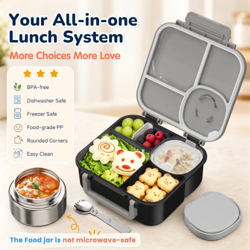 Bento Box for Kids,Leak-Proof Lunch Container with 9oz Insulated Food Jar Black Gray