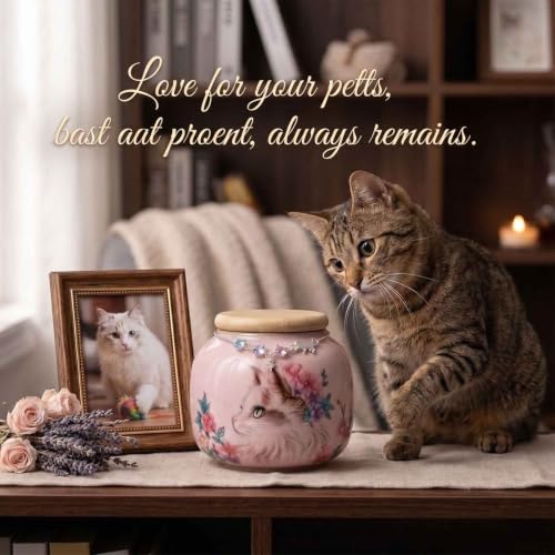 Cat Urn for Ashes, Small Ceramic Pet Urn with Rainbow Crystal Necklace