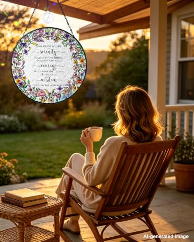 7.8" Serenity Prayer Floral Stained Glass Window Hanging God Serenity
