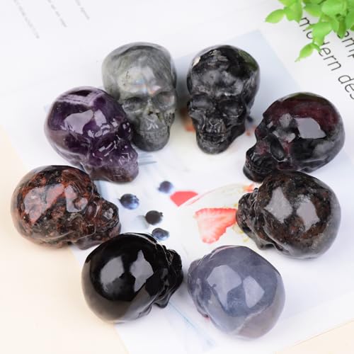 2 Inch Fluorite Crystal Skulls Decor,Human Skull Sculpture Statues Healing Crystal Decor,Halloween Skull Figurines,Home Office Decoration Christmas Meditation Gifts for Men Women