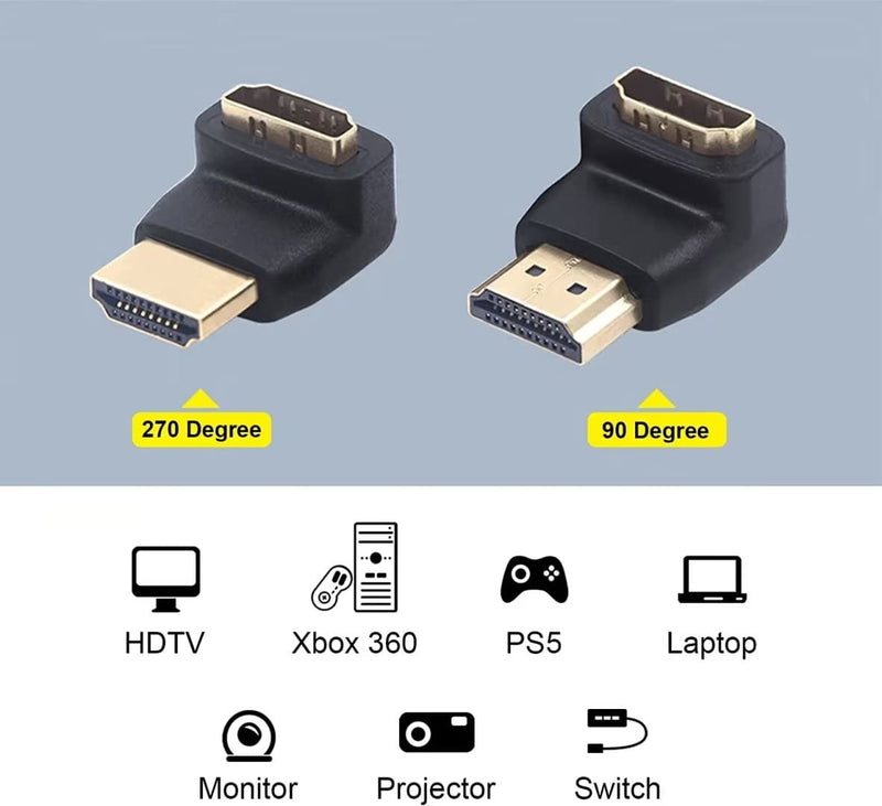 [Australia - AusPower] - VCE HDMI 90 and 270 Degree Adapter 2-Pack, Right Angle HDMI Male to Female L Adapter Connector 3D&4K Supported 