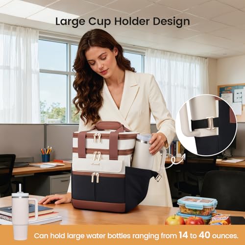 LOVEVOOK Insulated Lunch Box for Women,X Large Adult Lunch Cooler Bag Men Black with Off White with Brown Extra Large - 23 l