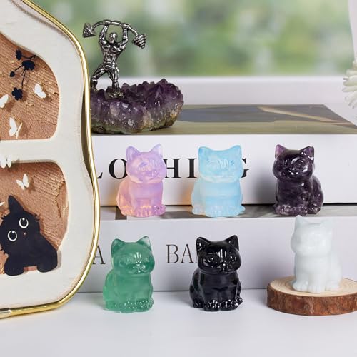 Crystal Cat Figurines Decor, 1.6 Inch Amethyst Crystal Kitten Statue Gift for Cat Lovers Collectors Women, Hand Carved Healing Stone Lucky Sitting Kitty Animal Sculpture Home Office Desk Decor Amethyst Cat