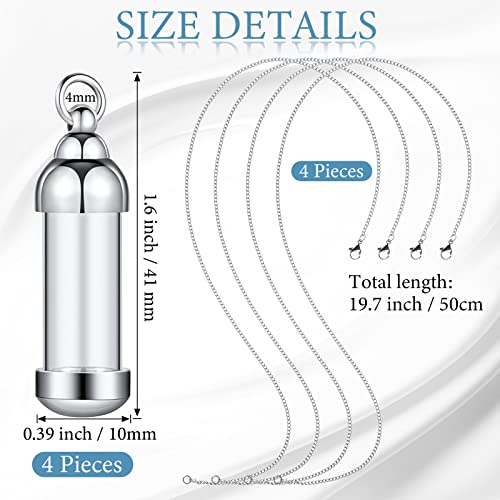 MTLEE 4 Glass Vial Necklace Pendant Set Include 4 Stainless Steel Cremation Urn Pendant Vial Tube Urn Keepsake with Chain 4 Snake Chain Necklace Silver