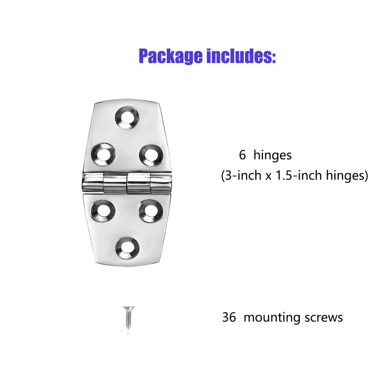 Boat Hatch Hinges, Marine Hinges Stainless Steel, 3 inch x 1.5 inch (76 x 38mm), No Noise, Heavy Duty 316 Stainless Steel with Screws (6 PCS) 3 x 1.5 inch(6 PCS)