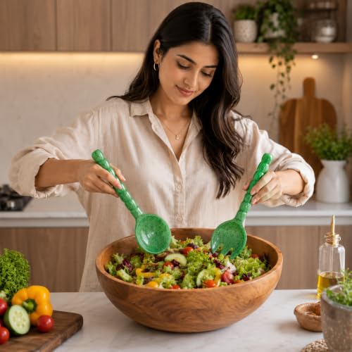 SS CRAFTS INDIA Premium Resin Salad Server Set (2 Pcs, 11.5-Inch) – Elegant Beaded Handle Serving Spoon & Fork, Kitchen Utensils for Salad, Pasta & Fruits, Unique Housewarming & Wedding Gift – Green