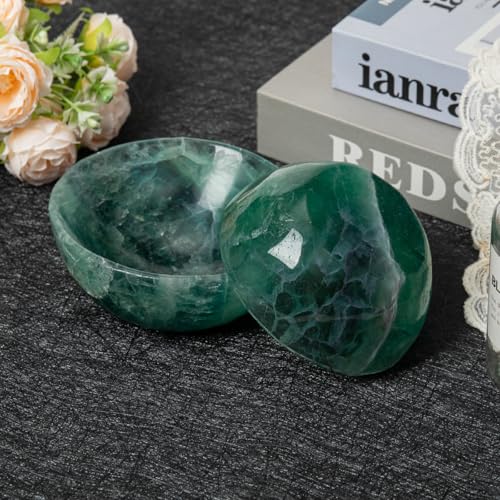 Large Green Fluorite Crystal Bowl Hand-Carved Round Fluorite Crystals Gemstone Bowl Reiki Healing Home Decoration Gift 4-4.5" Large