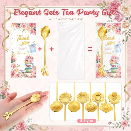48 Set Tea Spoon Party Favors Gold Tea Spoons Bulk 8 Style Flower Teaspoon with Thank You Cards Gift Bags Stainless Steel Dessert Coffee Spoons Stir Bar for Bridal Shower Guest Souvenir Gift Tea Party 48
