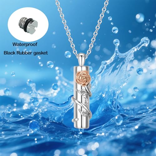 Rose Flower Urn Necklace for Ashes Stainless Steel Cylinder Ash Holder Pendant Cremation Jewelry for Ashes Rose Gold