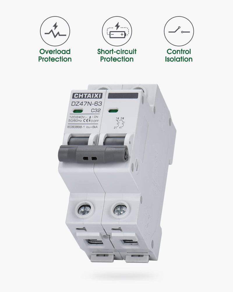 [Australia - AusPower] - AC Miniature Circuit Breaker, 32 Amp 120V/240V 2 Pole DIN Rail Mount Circuit Breaker, Thermal Magnetic Trip, Solar AC Disconnect Switch MCB C32 