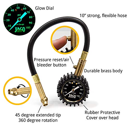 JACO ElitePro tire pressure gauge with 100 PSI dial display and durable handheld design