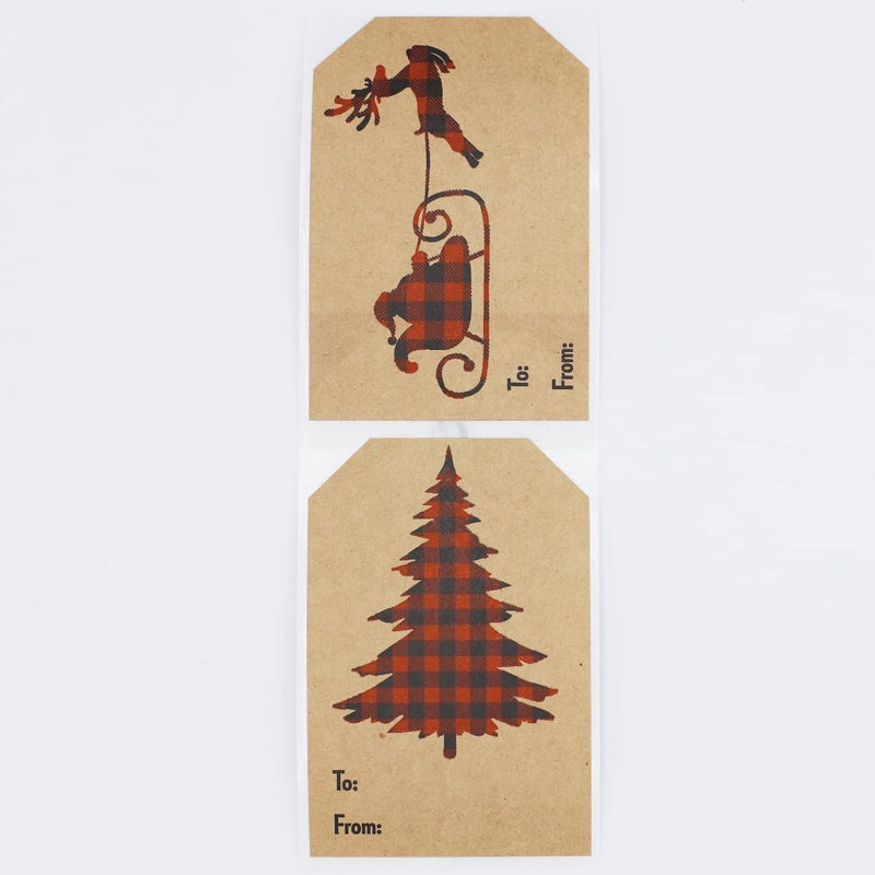 Plaid Christmas Silhouettes Brown Kraft Gift Tag Stickers – 2 x 3 Inch Holiday Labels, Set of 25 – 4 Festive Designs: Reindeer, Bell, Sleigh, Tree – Made in The USA