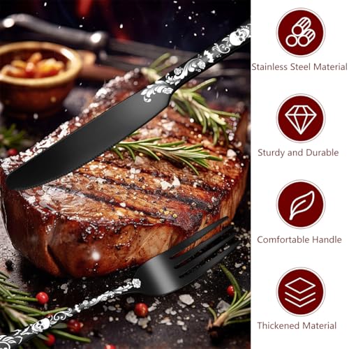 XIAOYU 20 Piece Halloween Skeleton Tableware Silverware Set, Metal Flatware Set Service for 4, Gothic Unique Skull Flower Pattern Design, Skeleton Utensil Cutlery Set for Halloween Easter Christmas Black