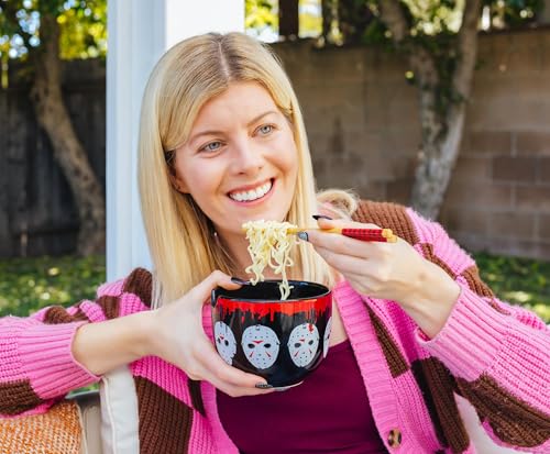 Friday The 13th Jason Voorhees Mask Ceramic Ramen Dinnerware Set | Includes 20-Ounce Noodle Bowl and Wooden Chopsticks