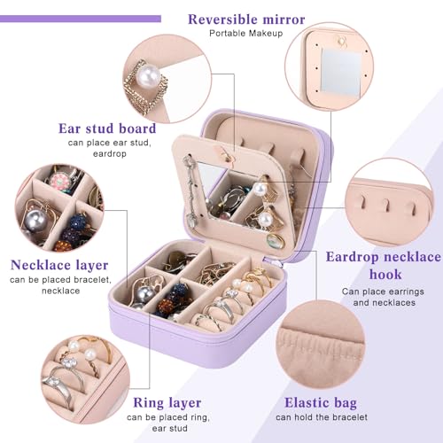 Hillban Bridesmaid Gifts Jewelry Box with Mirror, PU Leather Small Travel Jewelry Case Organizer Storage for Women Girls Light Purple 6