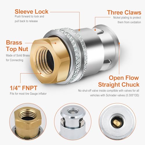Unifizz Lock On Air Chuck Brass Open Flow Straight Locking Air Chuck Quick Connect 1/4'' FNPT Tire Chuck for Pressure Gauge Tire Inflator Compressor Accessories