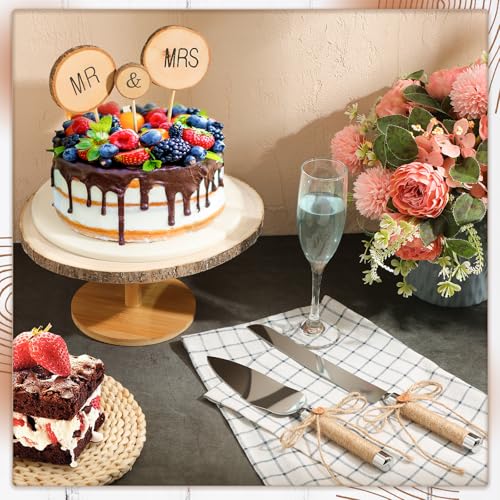 Beeveer 6 Pcs Cake Topper Knife Server Wooden Slice Set Rustic Wedding Decorations Mr and Mrs Cake Topper Table Decor for Bride Groom Valentines Day Glasses Anniversaries Centerpieces