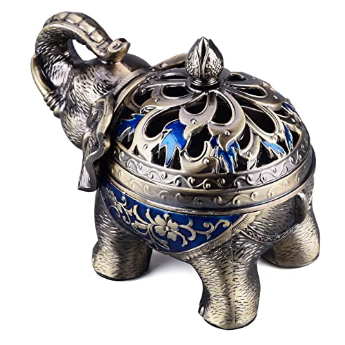 K COOL Metal Backflow Incense Holder Elephant Cone Incense Burner Candle Holder with Lid, Aromatherapy Ornament Home Office Decoration for Indoor Outdoor (Navy Blue) Navy Blue