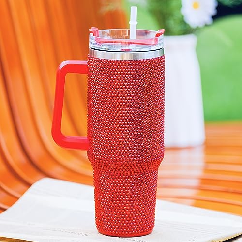 40 Oz Bling Tumbler With Handle Rhinestones Tumbler With Lid and Straw Fix for Car Cup Holder Insulated Stainless Steel Double Wall Water Cup Travel Mug Tumblr For Women (40 oz, Red) 40 Ounces