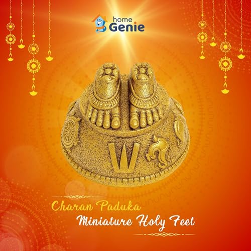 HOME GENIE Brass Finish Charan Paduka | Miniature Holy Feet Idol for Pooja, Car Dashboard, Home Mandir, Gift for Devotees | 3.8x3.8x2 cm | Lightweight 34g Spiritual Decor