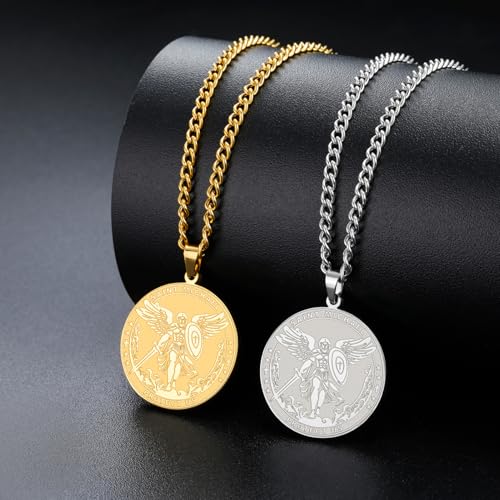 TEAMER Saint Michael Necklace Stainless Steel St. Michael The Great Protector Archangel Amulet Necklace Religious Jewelry For Women Silver